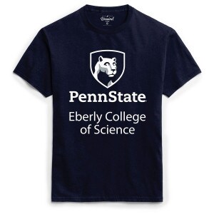 short sleeve navy t-shirt with Penn State Eberly College of Science below Lion Shield graphic
